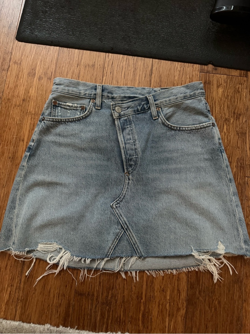 Agolde Light Blue Distressed Denim Mini Skirt